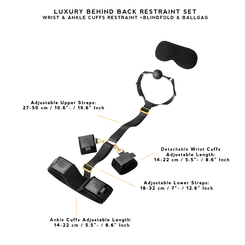 Luxury BDSM Behind Back Restraint Set with wrist and ankle cuffs, ball gag, and blindfold for secure and comfortable restraint during bondage play.