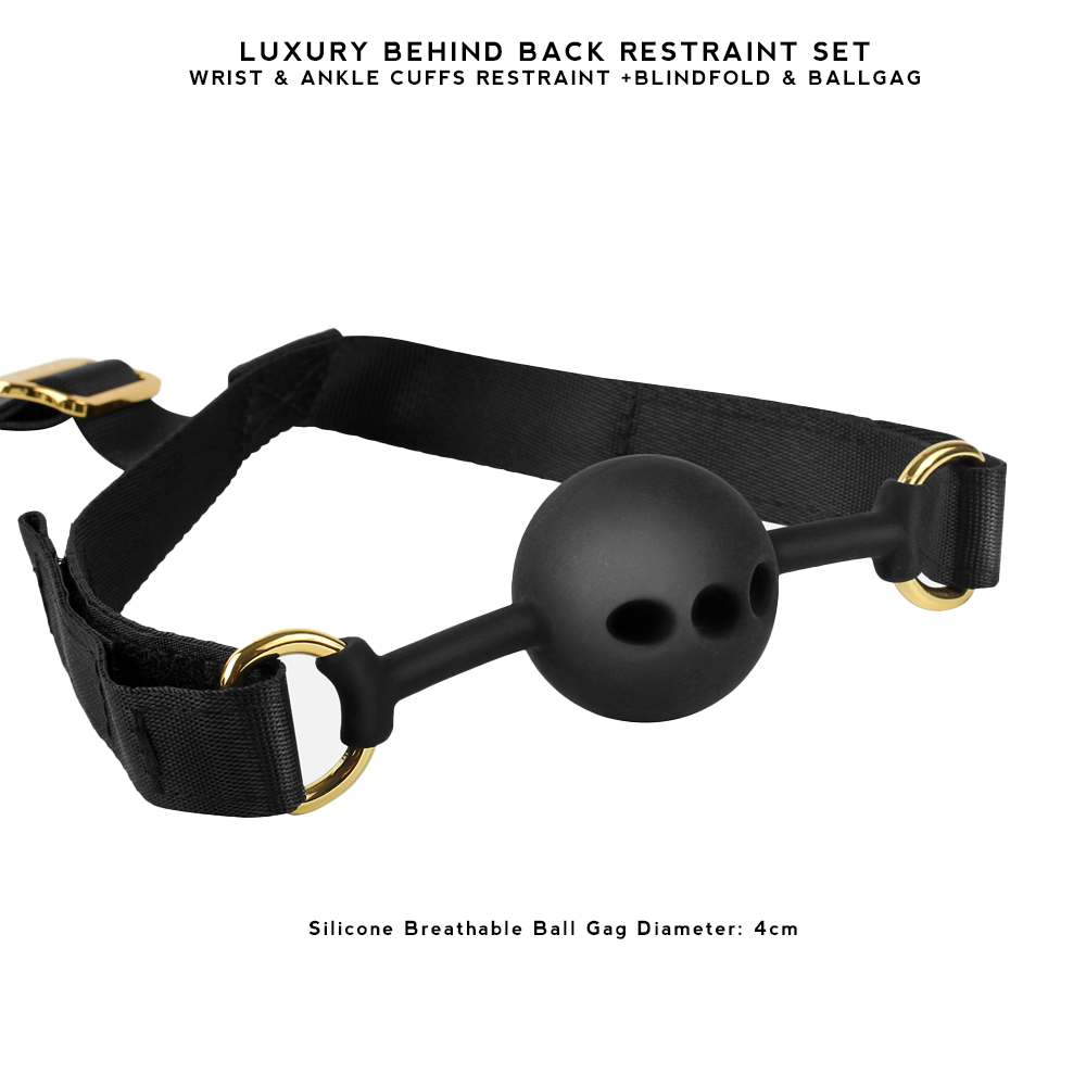 Luxury BDSM Behind Back Restraint Set with wrist and ankle cuffs, ball gag, and blindfold for secure and comfortable restraint during bondage play.