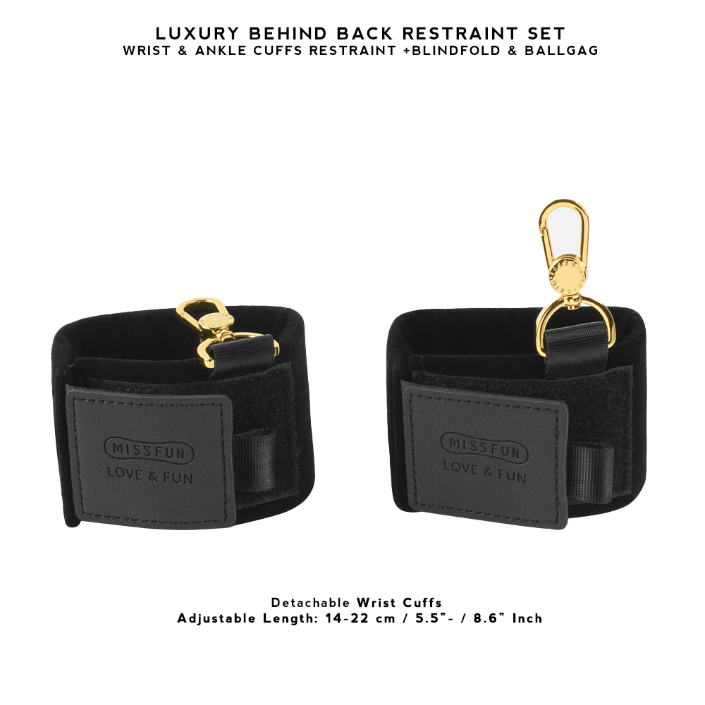 Luxury BDSM Behind Back Restraint Set with wrist and ankle cuffs, ball gag, and blindfold for secure and comfortable restraint during bondage play.