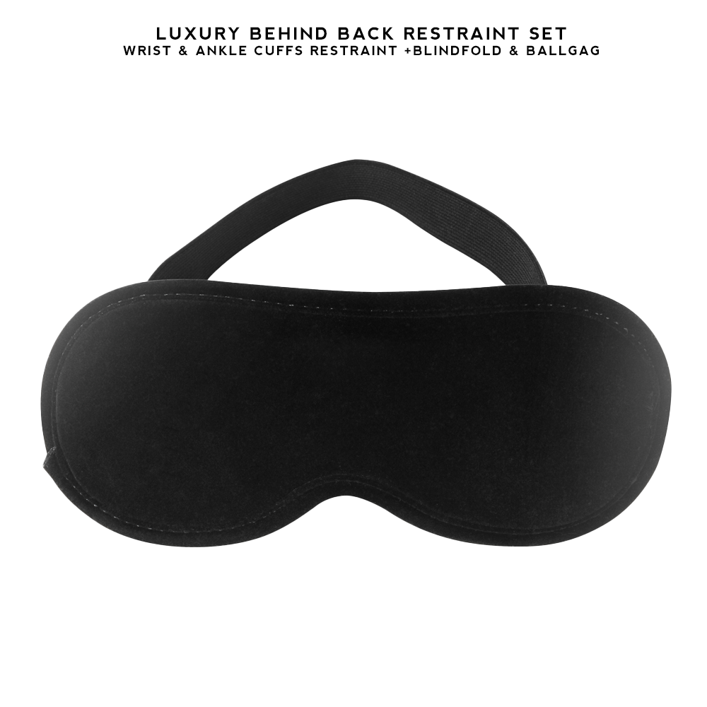 Luxury BDSM Behind Back Restraint Set with wrist and ankle cuffs, ball gag, and blindfold for secure and comfortable restraint during bondage play.