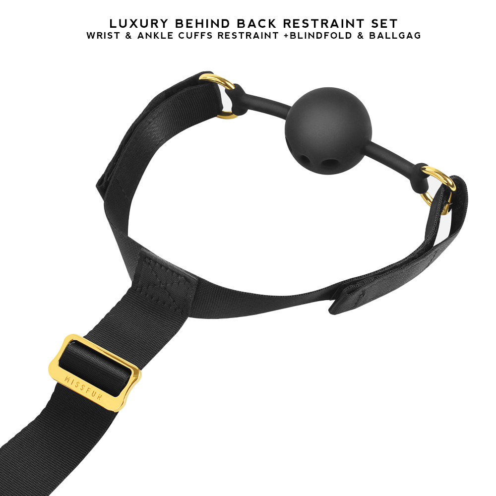 Luxury BDSM Behind Back Restraint Set with wrist and ankle cuffs, ball gag, and blindfold for secure and comfortable restraint during bondage play.