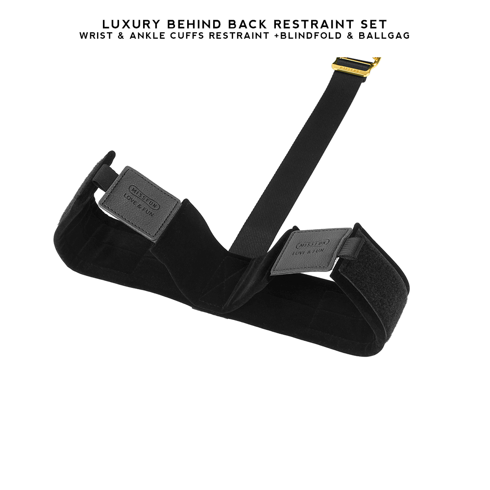 Luxury BDSM Behind Back Restraint Set with wrist and ankle cuffs, ball gag, and blindfold for secure and comfortable restraint during bondage play.