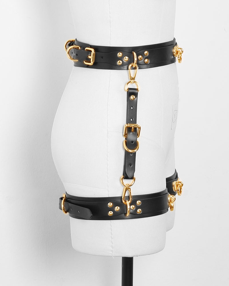 MISSFUN® Genuine Leather Body Harness with Belt & Thigh Garters (Black)