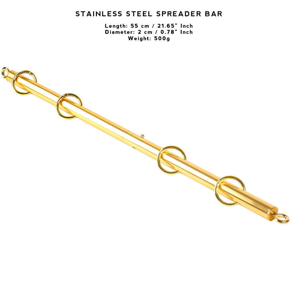 Luxury BDSM Stainless Steel Spreader Bar Set with black and gold wrist and ankle cuffs, designed for secure and comfortable restraint.