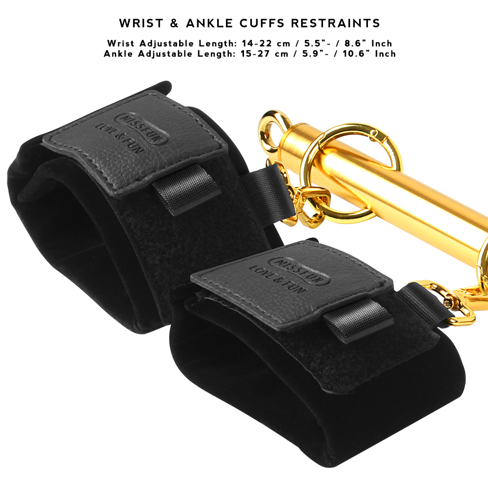 Luxury BDSM Stainless Steel Spreader Bar Set with black and gold wrist and ankle cuffs, designed for secure and comfortable restraint.