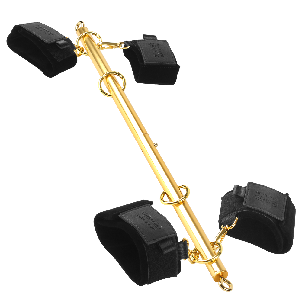 Luxury BDSM Stainless Steel Spreader Bar Set with black and gold wrist and ankle cuffs, designed for secure and comfortable restraint.