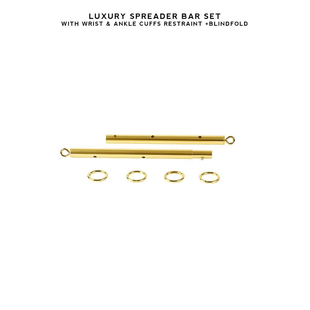Luxury BDSM Stainless Steel Spreader Bar Set with black and gold wrist and ankle cuffs, designed for secure and comfortable restraint.