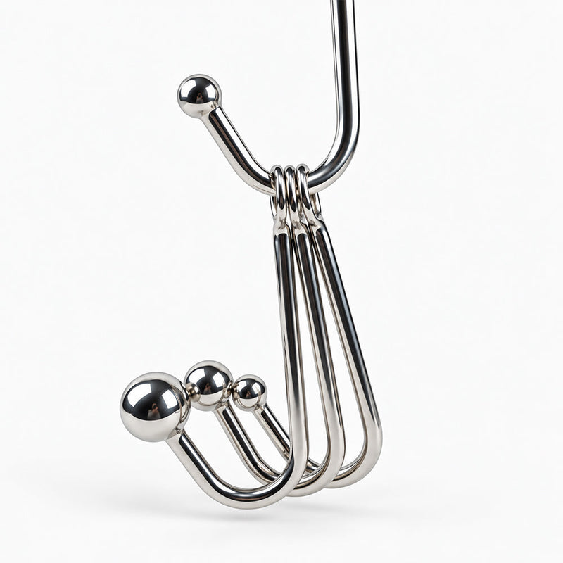 Polished seamless stainless steel anal hooks in four sizes, featuring smooth rounded beads, curved J-shaped bodies and attachment rings for bondage ropes.