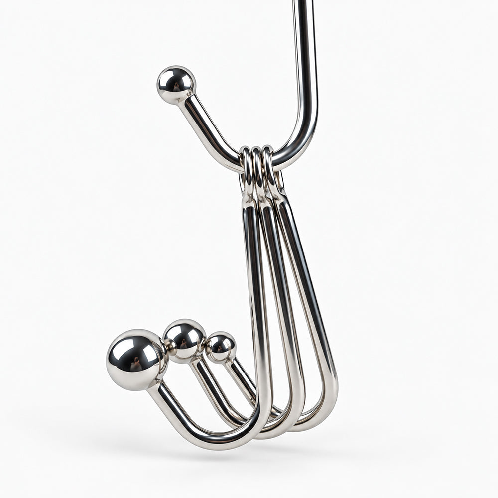 Polished seamless stainless steel anal hooks in four sizes, featuring smooth rounded beads, curved J-shaped bodies and attachment rings for bondage ropes.