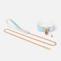 Holographic Aurora BDSM Lock Collar & Leash with Metallic Chain