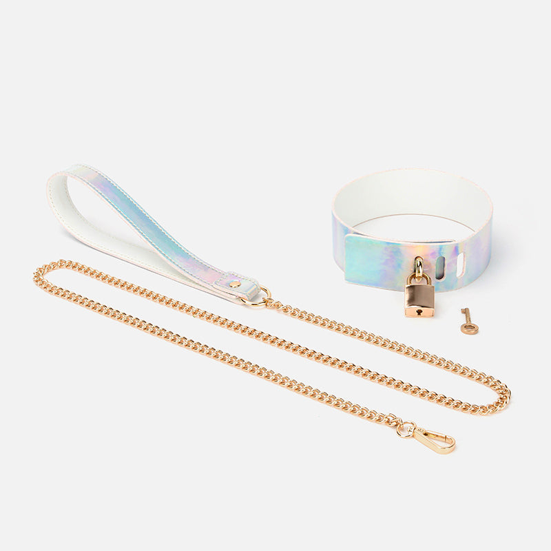 Holographic Aurora BDSM Lock Collar & Leash with Metallic Chain