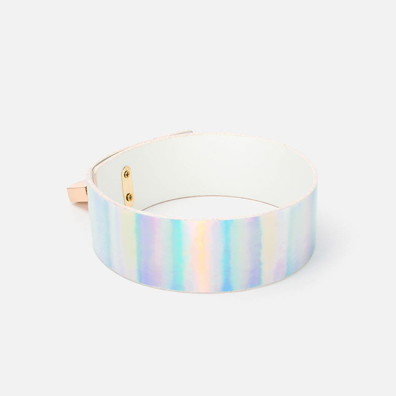 Holographic Aurora BDSM Lock Collar & Leash with Metallic Chain