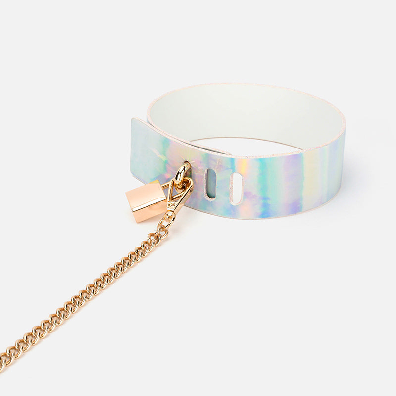 Holographic Aurora BDSM Lock Collar & Leash with Metallic Chain
