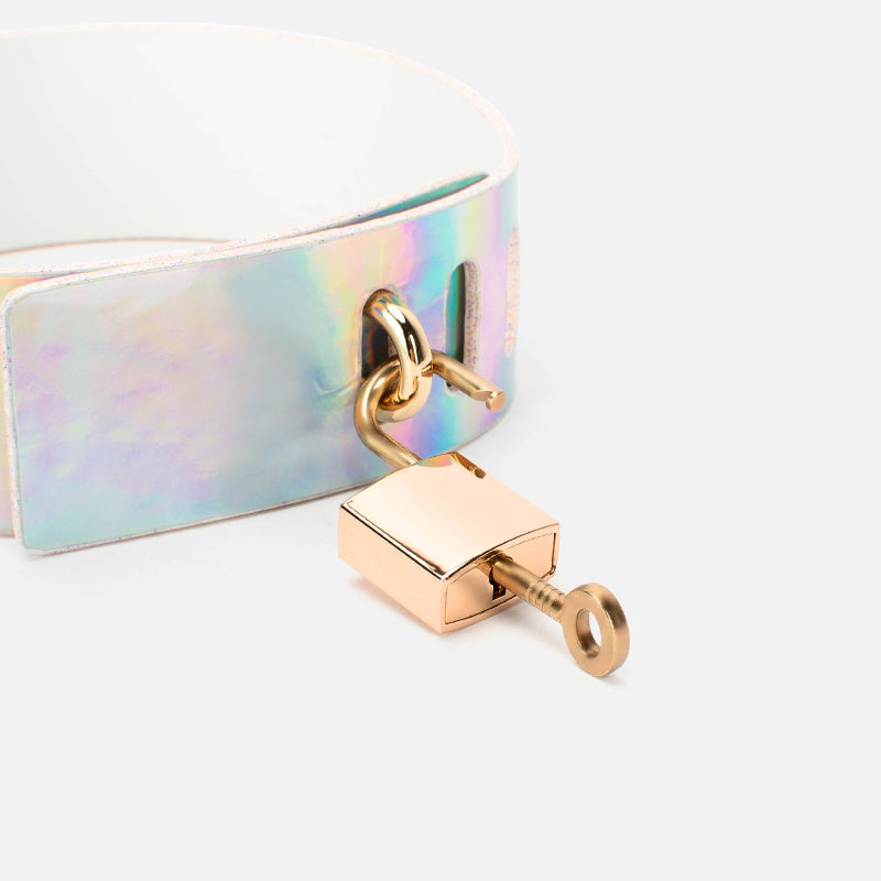 Holographic Aurora BDSM Lock Collar & Leash with Metallic Chain