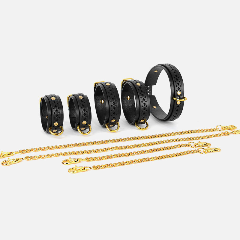 Hollow-Out Genuine Leather Restraint Set (5-Piece) with Metallic Chains