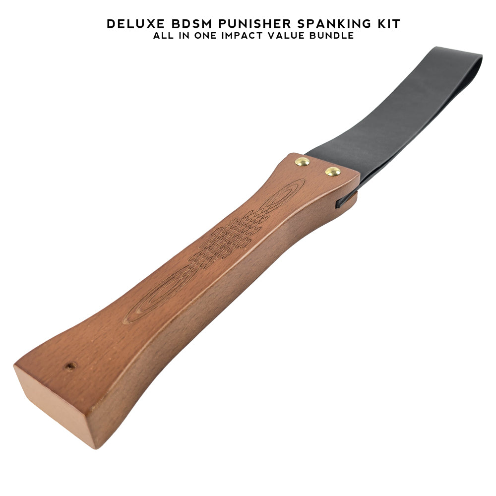 Deluxe BDSM Punisher Spanking Kit featuring a wooden-handle leather paddle