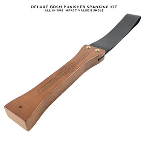 Deluxe BDSM Punisher Spanking Kit featuring a wooden-handle leather paddle