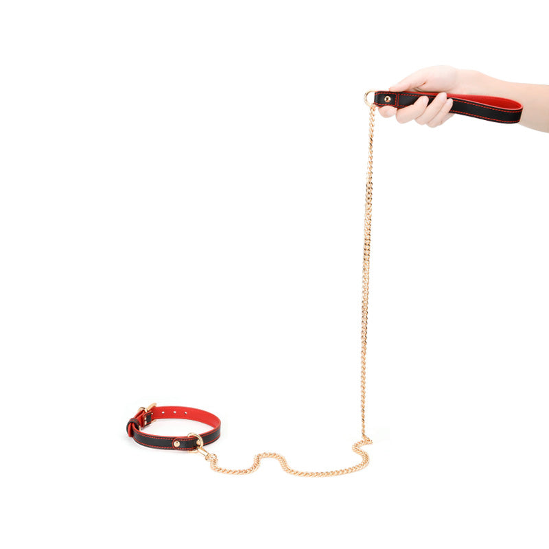 Elegant Vegan Leather BDSM Collar & Chain Leash with Metallic Chain