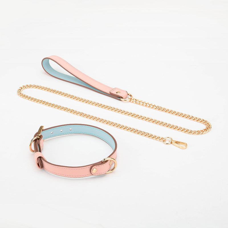 Elegant Vegan Leather BDSM Collar & Chain Leash with Metallic Chain