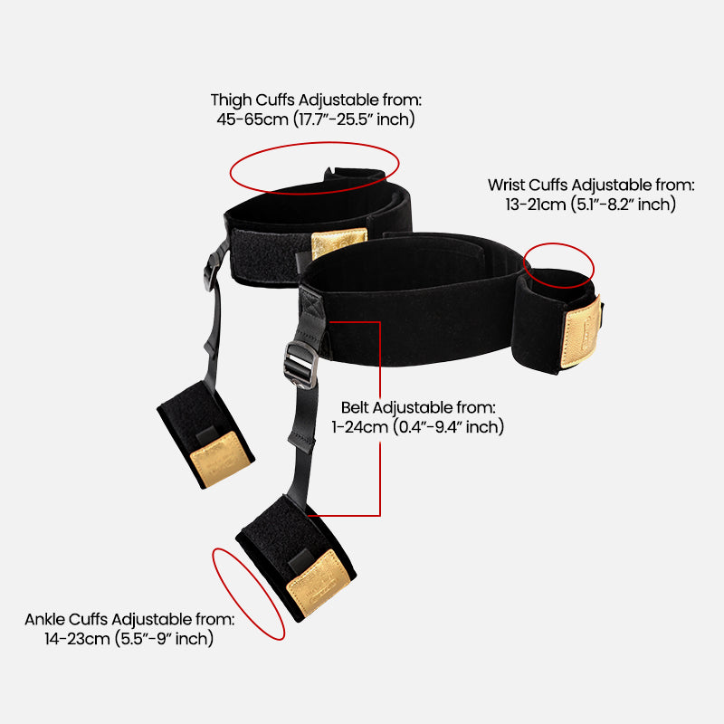 MISSFUN® Luxury BDSM Golden Restrainer Set Conjoined Thigh Wrist Cuffs and Ankle Cuffs