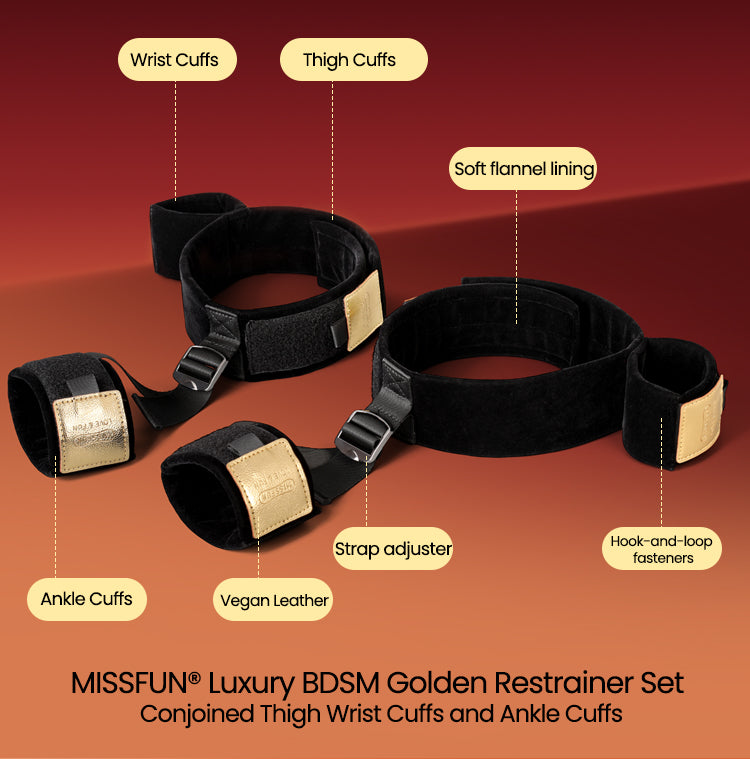 MISSFUN® Luxury BDSM Golden Restrainer Set Conjoined Thigh Wrist Cuffs and Ankle Cuffs