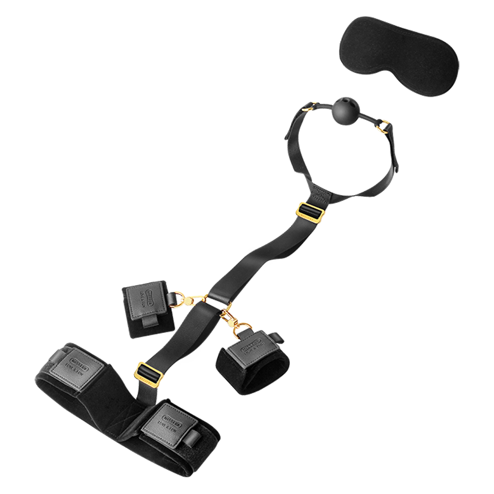 Luxury BDSM Behind Back Restraint Set with wrist and ankle cuffs, ball gag, and blindfold for secure and comfortable restraint during bondage play.