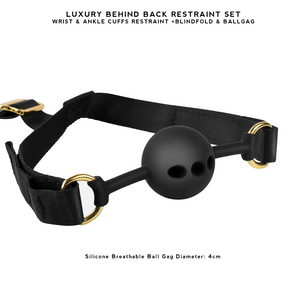 Luxury BDSM Behind Back Restraint Set with wrist and ankle cuffs, ball gag, and blindfold for secure and comfortable restraint during bondage play.