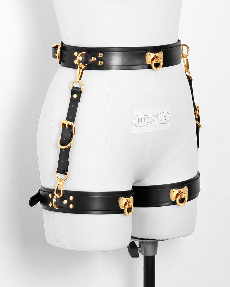 MISSFUN® Genuine Leather Body Harness with Belt & Thigh Garters (Black)