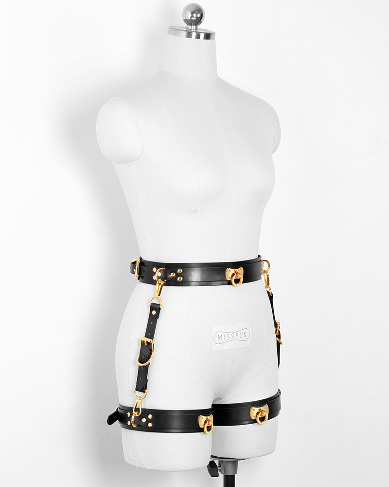 MISSFUN® Genuine Leather Body Harness with Belt & Thigh Garters (Black)