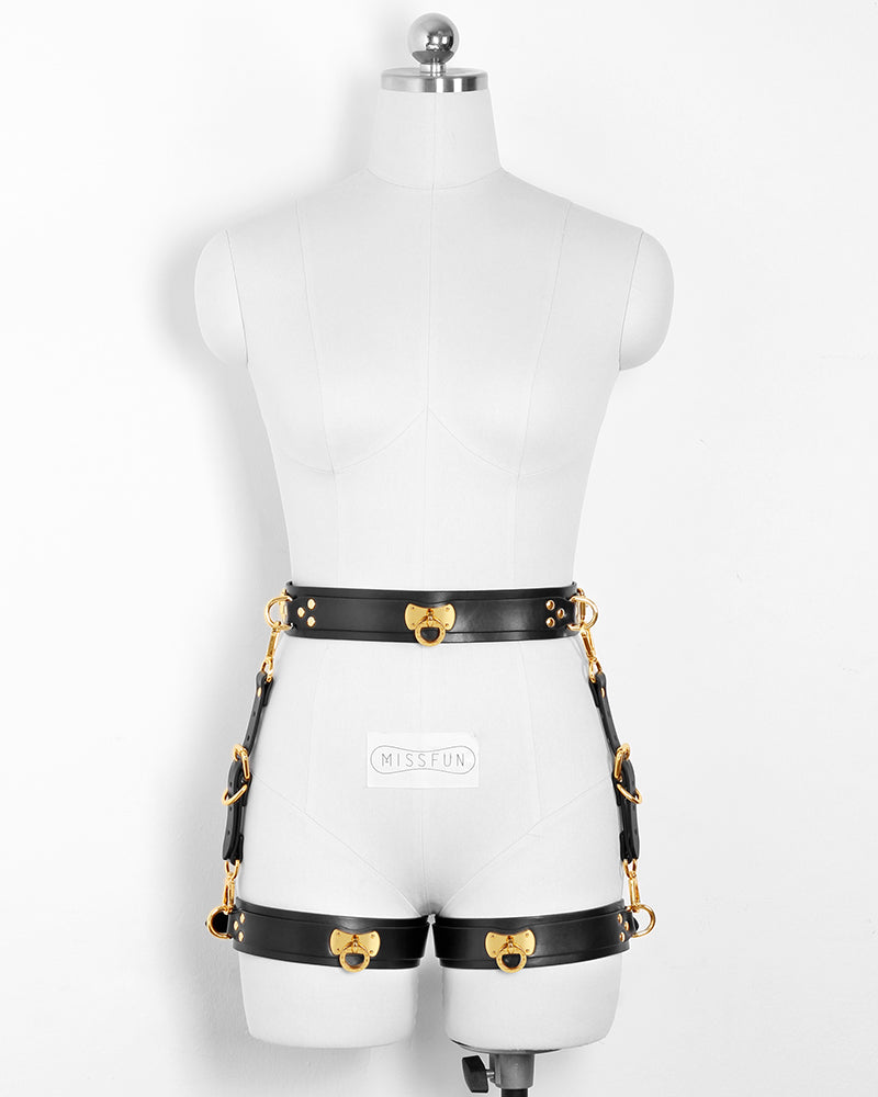 MISSFUN® Genuine Leather Body Harness with Belt & Thigh Garters (Black)