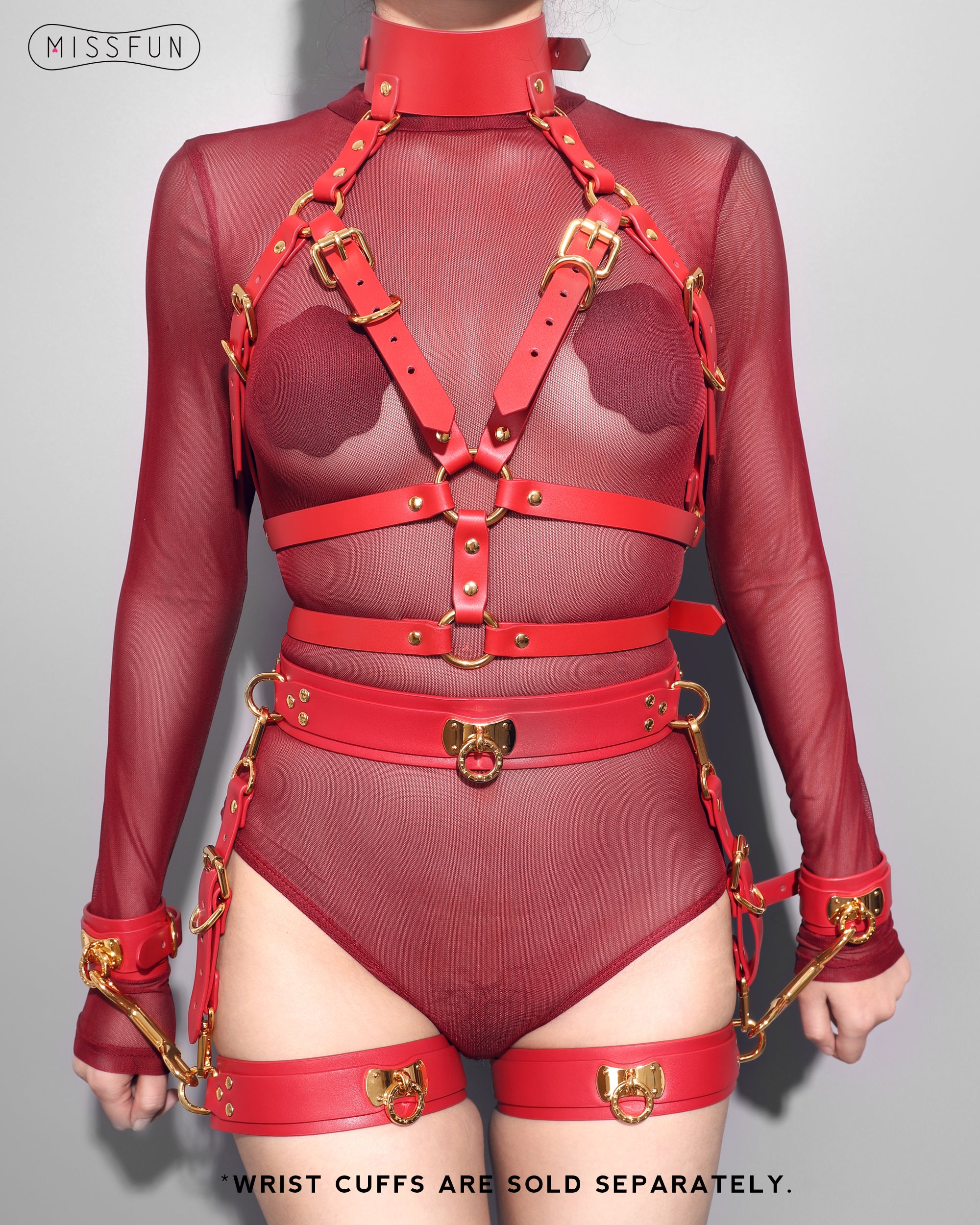 Luxury Women’s Leather Body Harness with Belt & Thigh Garters (Red)