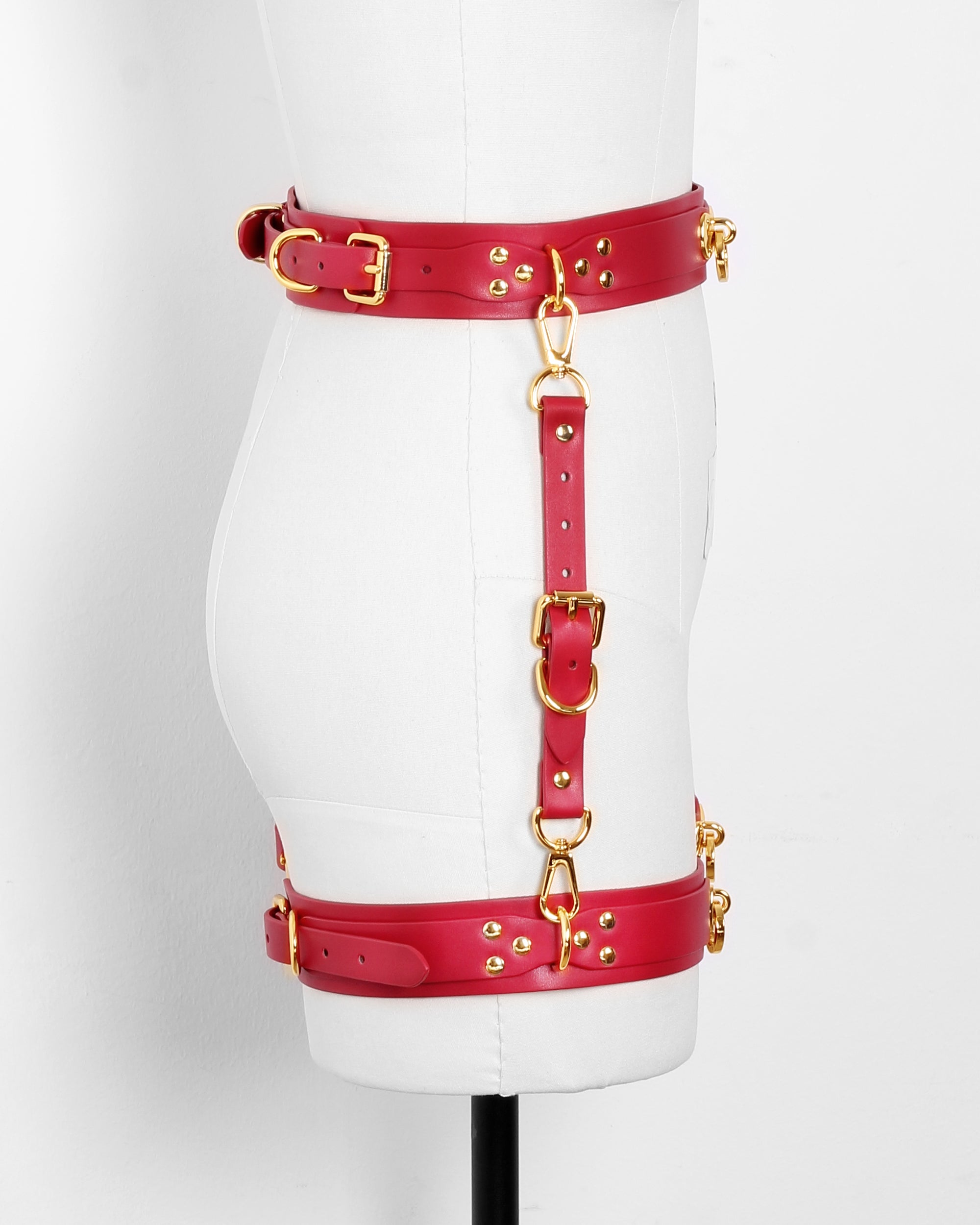 Luxury Women’s Leather Body Harness with Belt & Thigh Garters (Red)