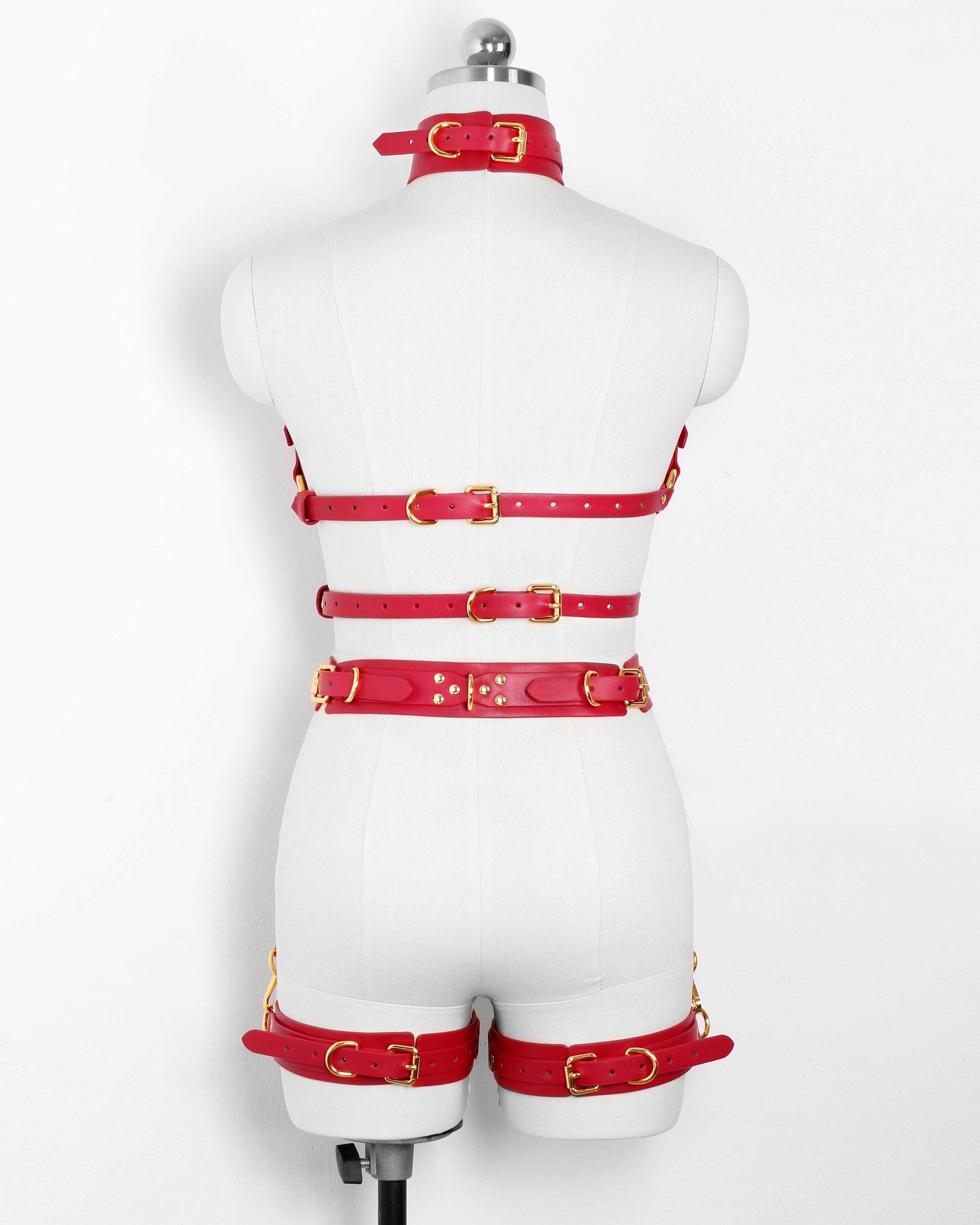 Luxury Women’s Leather Body Harness with Belt & Thigh Garters (Red)