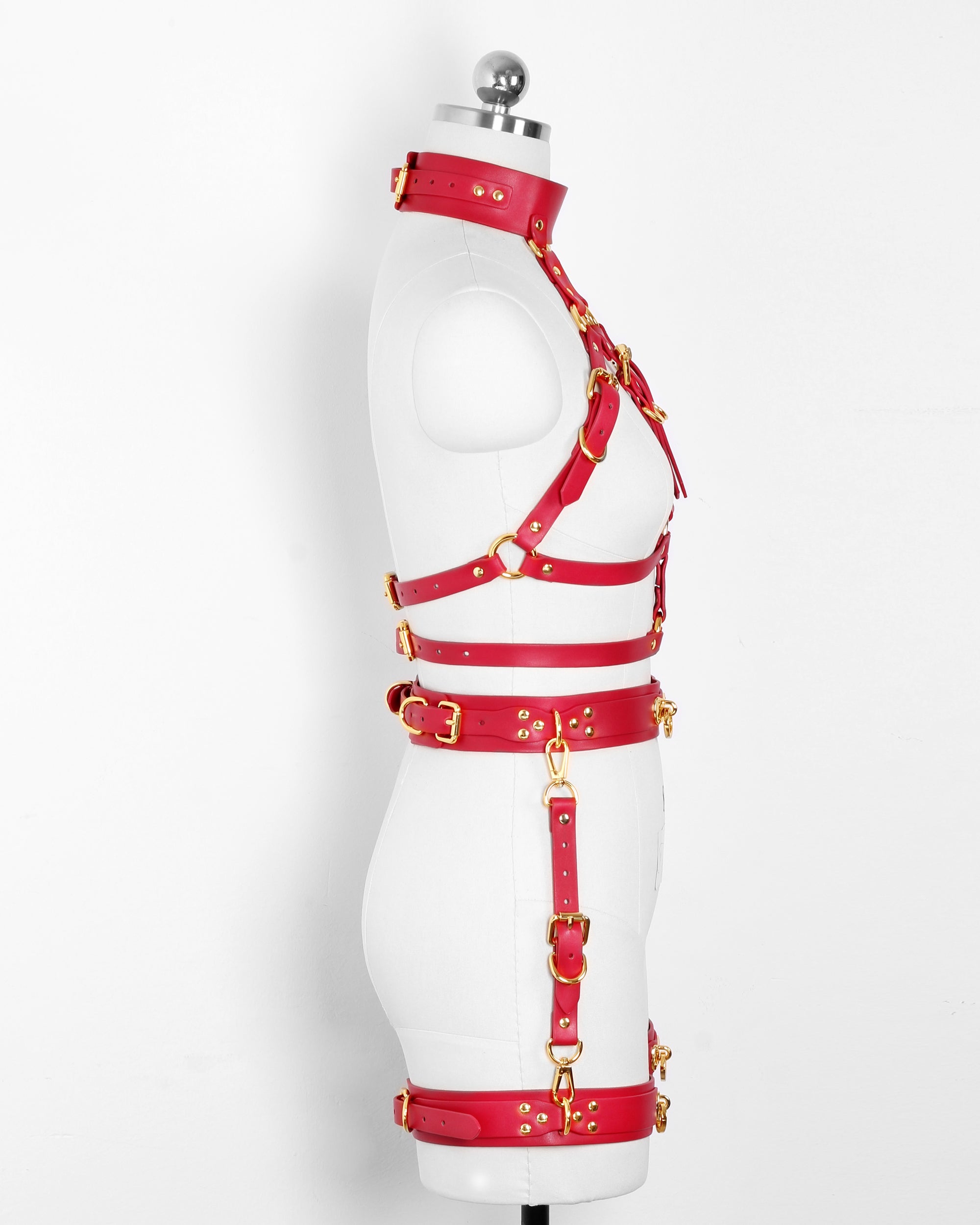 Luxury Women’s Leather Body Harness with Belt & Thigh Garters (Red)