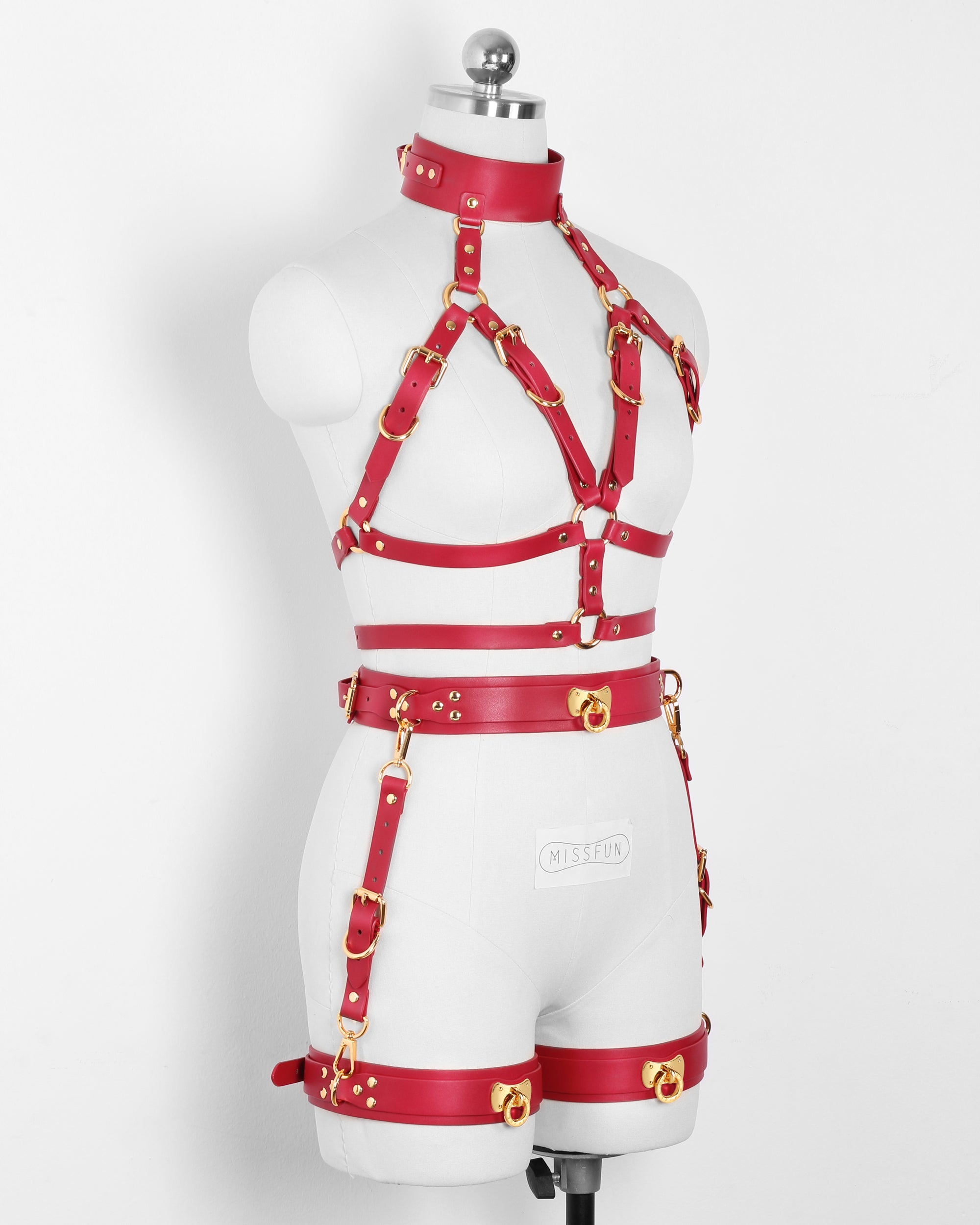 Luxury Women’s Leather Body Harness with Belt & Thigh Garters (Red)