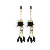 Boho Feather Nipple Clamps with adjustable tension, featuring small brass bells, delicate feathers, and a beautifully crafted design for a unique sensory experience.