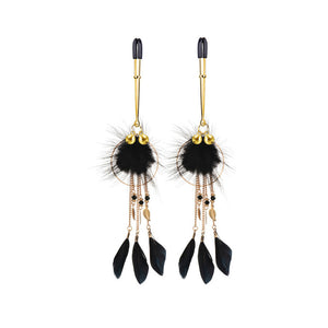 Boho Feather Nipple Clamps with adjustable tension, featuring small brass bells, delicate feathers, and a beautifully crafted design for a unique sensory experience.