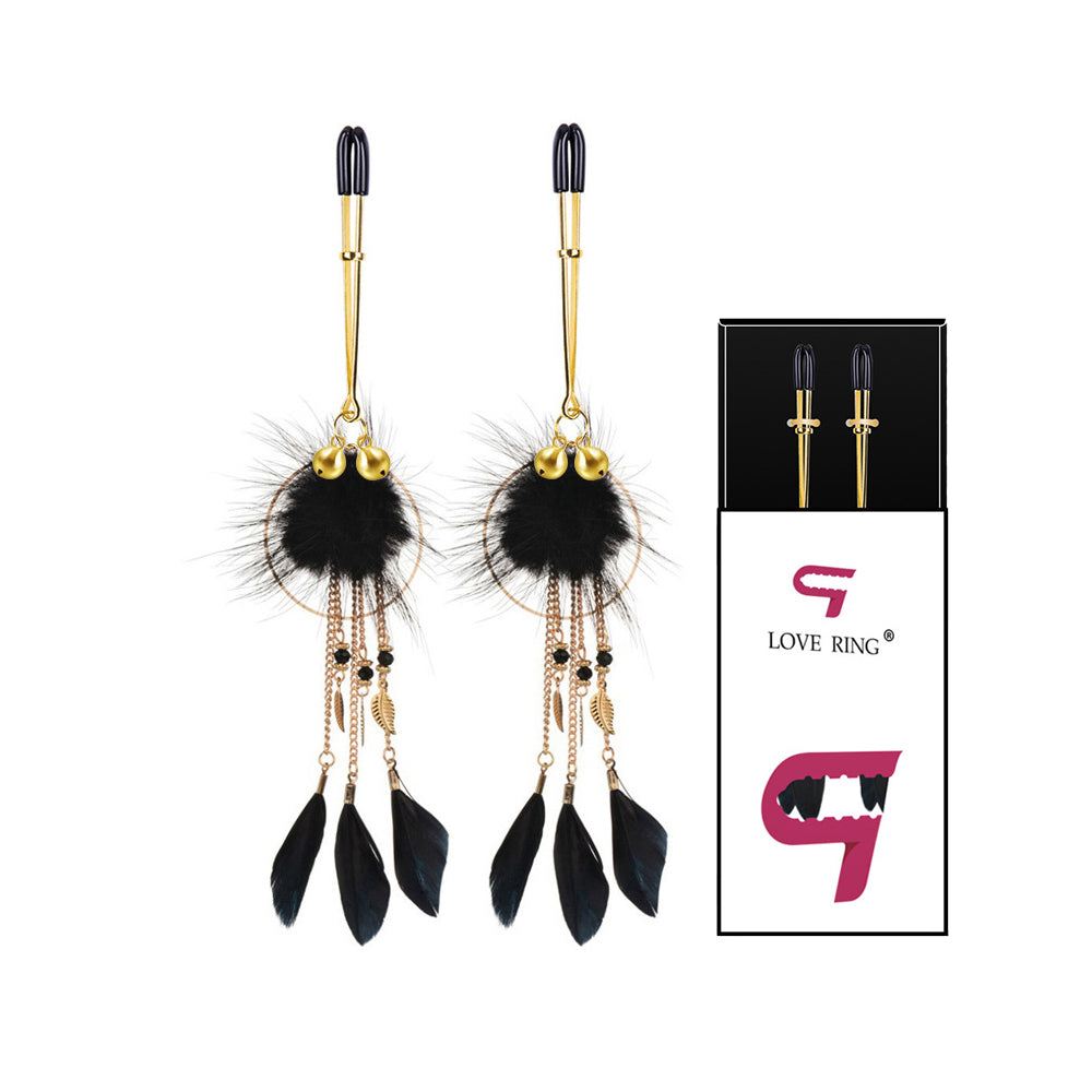 Boho Feather Nipple Clamps with adjustable tension, featuring small brass bells, delicate feathers, and a beautifully crafted design for a unique sensory experience.