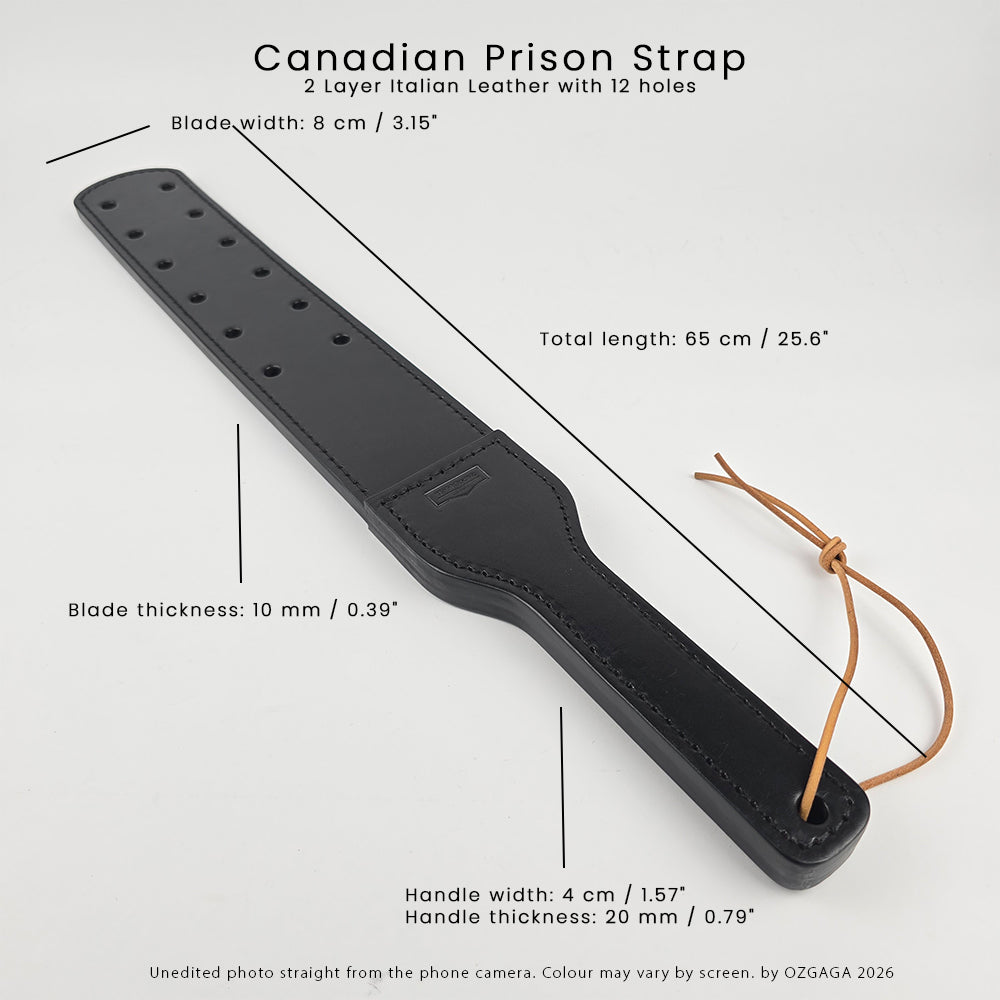Black two-layer Italian leather Canadian Prison Strap with 12 holes