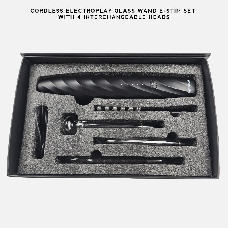 Cordless Electroplay Glass Wand E-Stim Set with 4 Interchangeable Heads