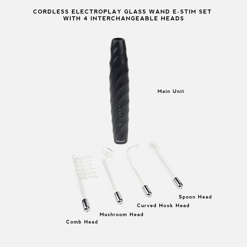 Cordless Electroplay Glass Wand E-Stim Set with 4 Interchangeable Heads