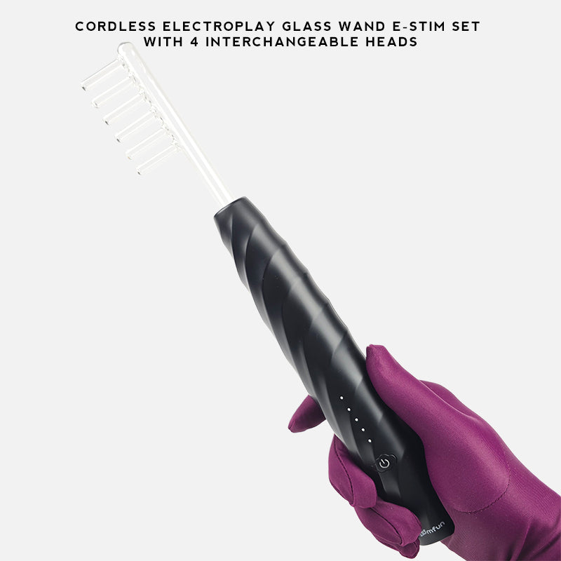 Cordless Electroplay Glass Wand E-Stim Set with 4 Interchangeable Heads
