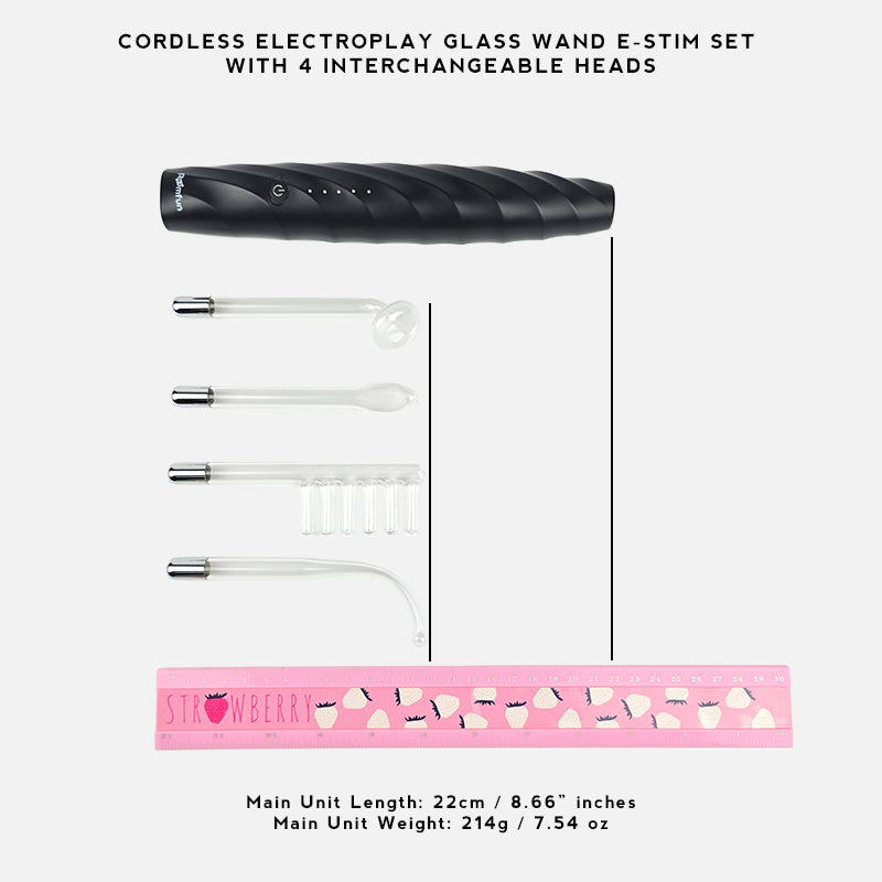 Cordless Electroplay Glass Wand E-Stim Set with 4 Interchangeable Heads