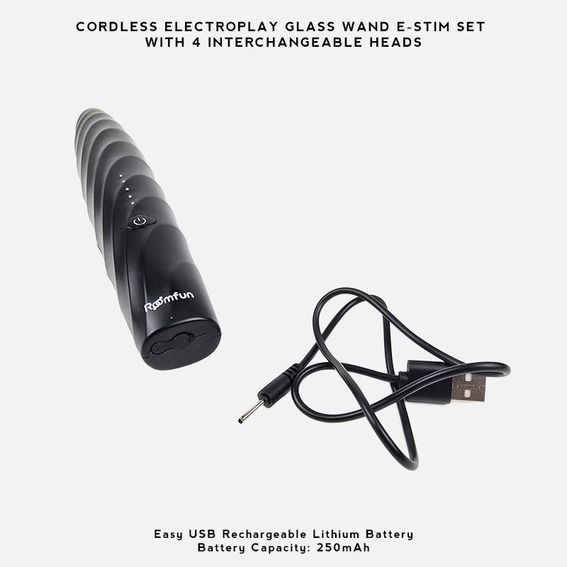 Cordless Electroplay Glass Wand E-Stim Set with 4 Interchangeable Heads