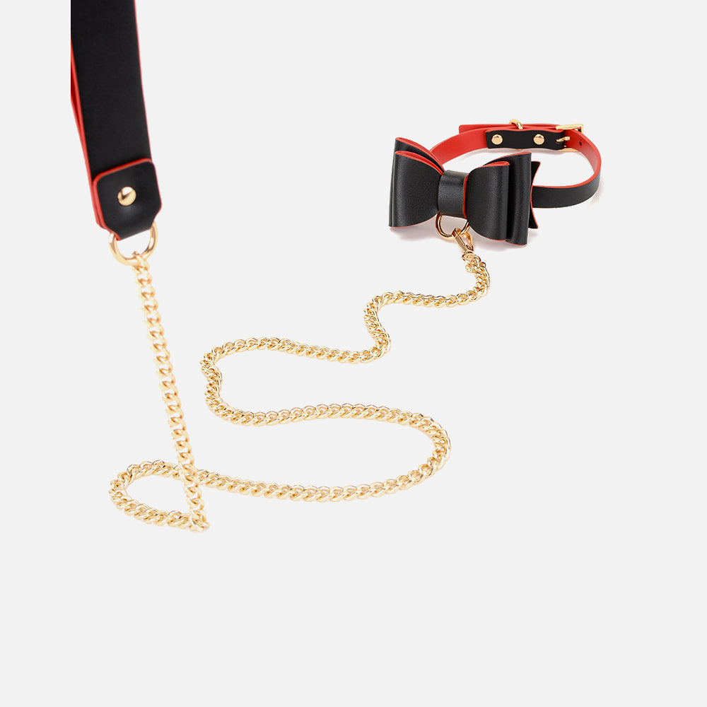 Dicky Bow BDSM Collar with Leash and Metallic Chain