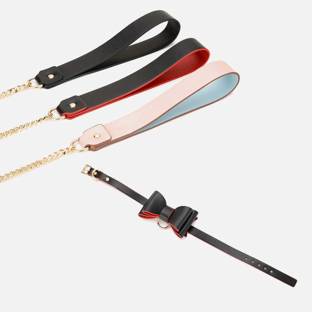 Dicky Bow BDSM Collar with Leash and Metallic Chain