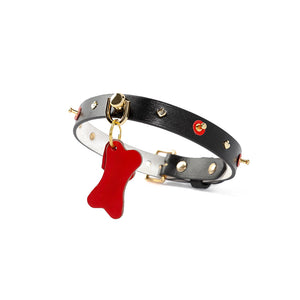 Doggy Bone Choker with Leash Set made from genuine cowhide leather, featuring a dog bone and heart design, paired with a gold metallic chain leash for BDSM play