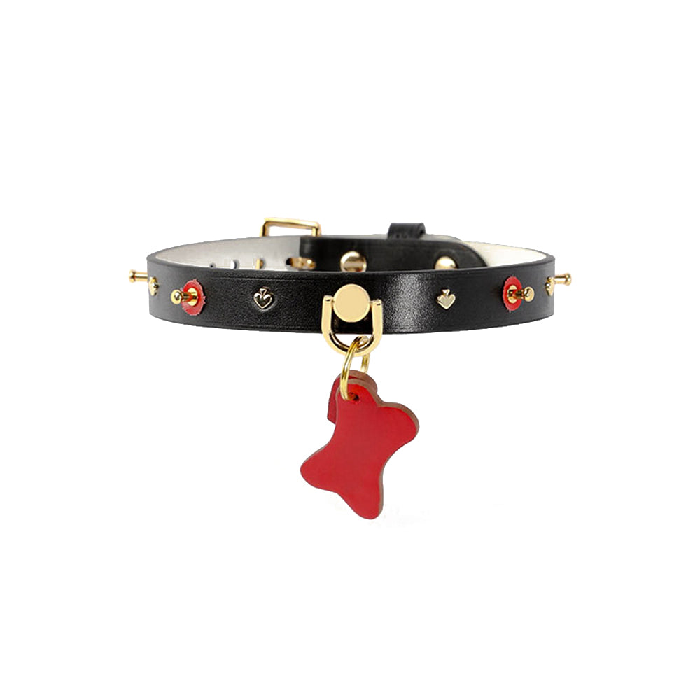 Doggy Bone Choker with Leash Set made from genuine cowhide leather, featuring a dog bone and heart design, paired with a gold metallic chain leash for BDSM play