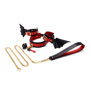 Dragon Wing Leather BDSM Set, Includes Collar, Wrist Cuffs, and Leash, Premium Genuine Leather with Gothic Punk Design.