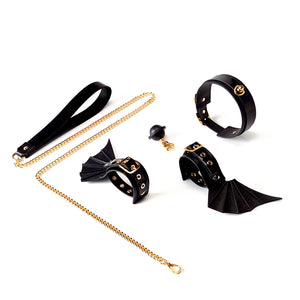 Dragon Wing Leather BDSM Set, Includes Collar, Wrist Cuffs, and Leash, Premium Genuine Leather with Gothic Punk Design.